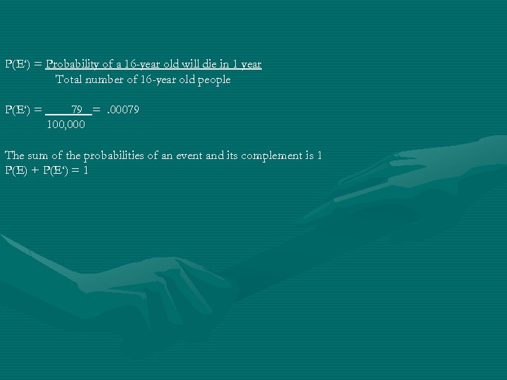 P(E‘) = Probability of a 16 -year old will die in 1 year Total