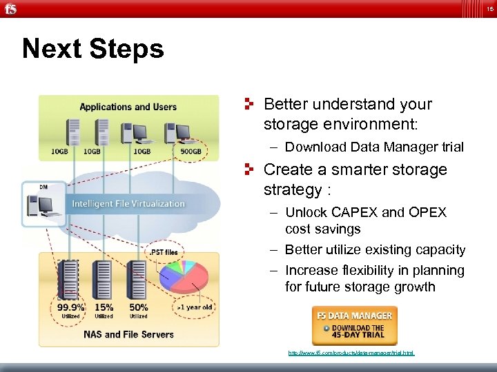 15 Next Steps Better understand your storage environment: – Download Data Manager trial Create