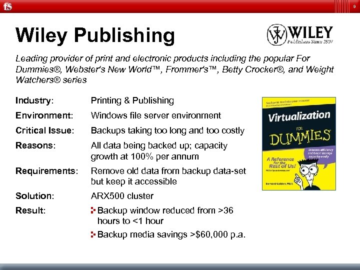 9 Wiley Publishing Leading provider of print and electronic products including the popular For