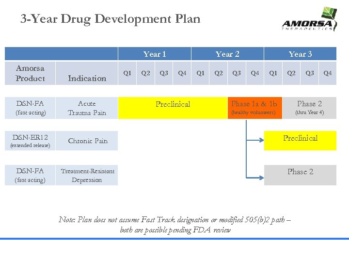 3 -Year Drug Development Plan Year 1 Amorsa Product DSN-FA (fast acting) DSN-ER 12