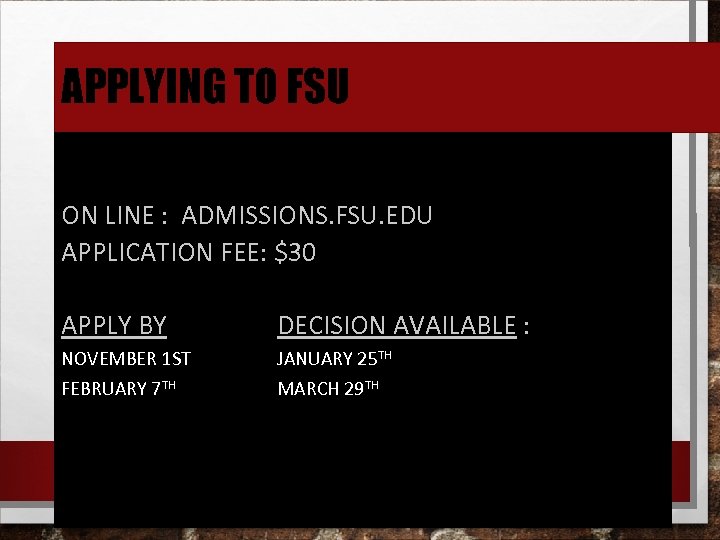 APPLYING TO FSU ON LINE : ADMISSIONS. FSU. EDU APPLICATION FEE: $30 APPLY BY