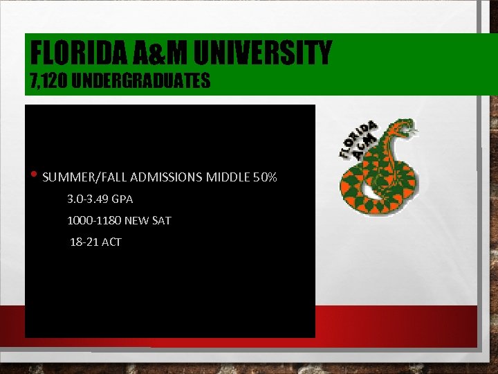 FLORIDA A&M UNIVERSITY 7, 120 UNDERGRADUATES • SUMMER/FALL ADMISSIONS MIDDLE 50% 3. 0 -3.