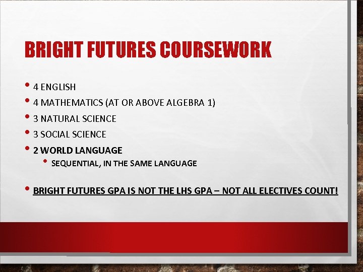 BRIGHT FUTURES COURSEWORK • 4 ENGLISH • 4 MATHEMATICS (AT OR ABOVE ALGEBRA 1)