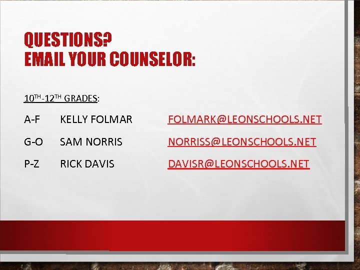 QUESTIONS? EMAIL YOUR COUNSELOR: 10 TH-12 TH GRADES: A-F KELLY FOLMARK@LEONSCHOOLS. NET G-O SAM