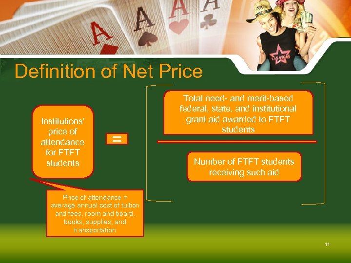 Definition of Net Price Institutions’ price of attendance for FTFT students = Total need-