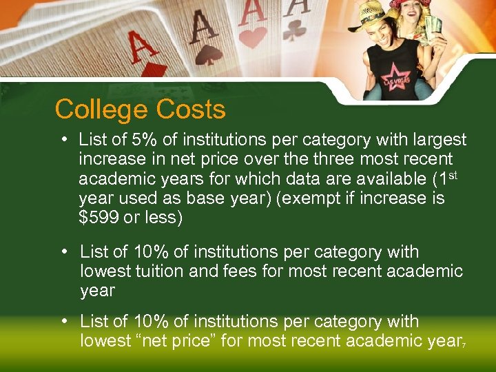 College Costs • List of 5% of institutions per category with largest increase in