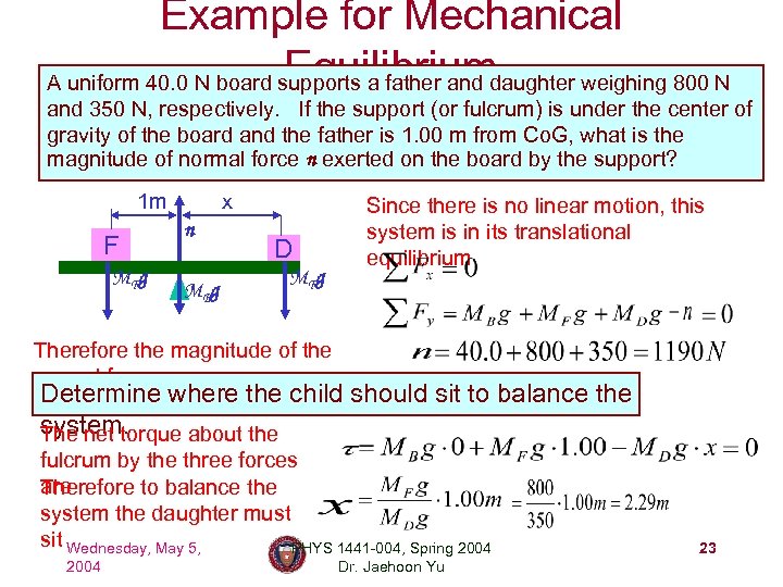 Example for Mechanical Equilibrium A uniform 40. 0 N board supports a father and