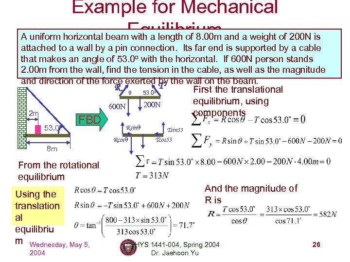 Example for Mechanical A uniform horizontal beam. Equilibrium and a weight of 200 N