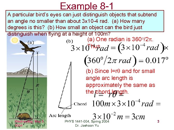 Example 8 -1 A particular bird’s eyes can just distinguish objects that subtend an