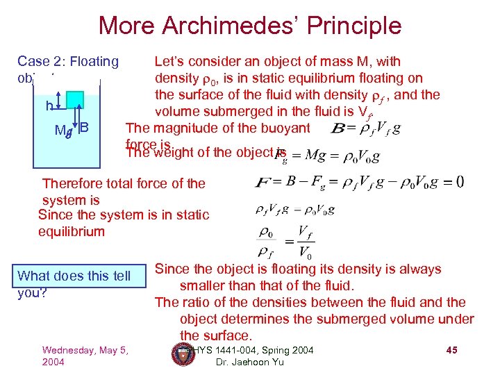 More Archimedes’ Principle Case 2: Floating object h Mg B Let’s consider an object