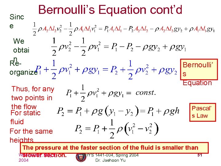 Sinc e Bernoulli’s Equation cont’d We obtai n Reorganize Bernoulli’ s Equation Thus, for