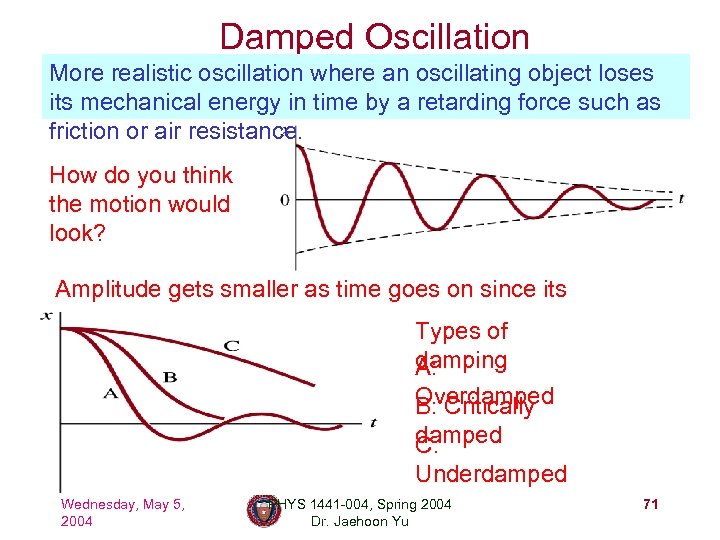 Damped Oscillation More realistic oscillation where an oscillating object loses its mechanical energy in