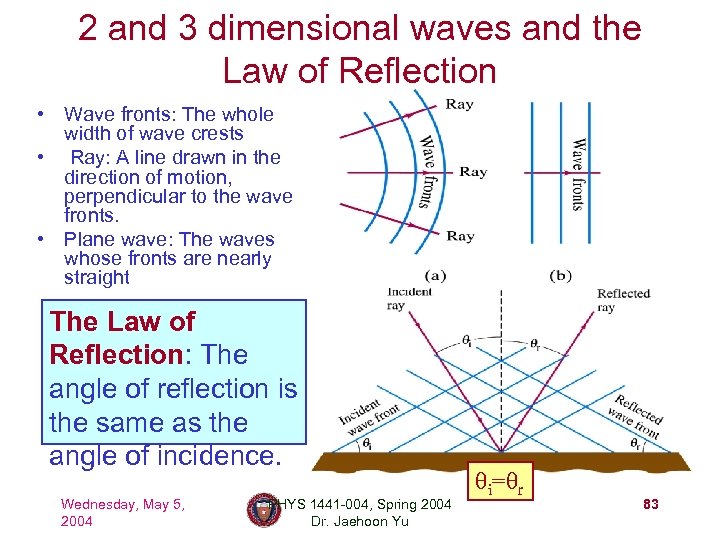 2 and 3 dimensional waves and the Law of Reflection • Wave fronts: The