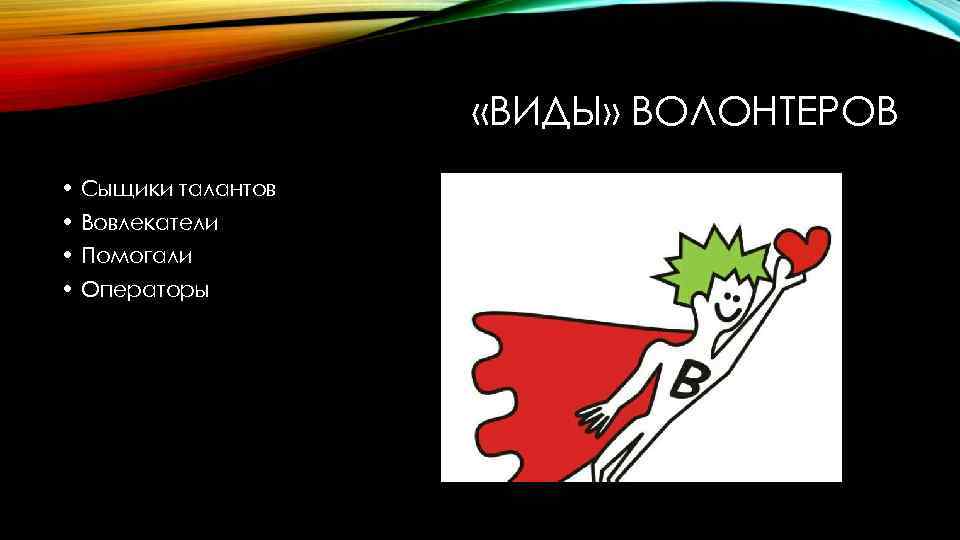  «ВИДЫ» ВОЛОНТЕРОВ • Сыщики талантов • Вовлекатели • Помогали • Операторы 