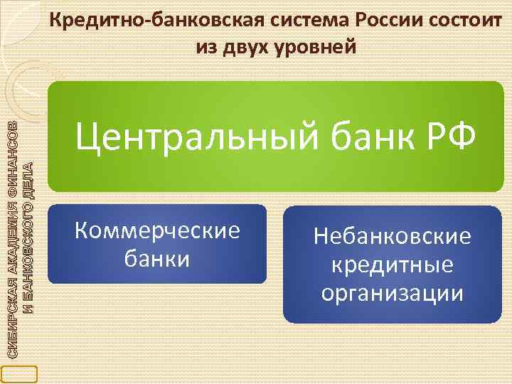 СИБИРСКАЯ АКАДЕМИЯ ФИНАНСОВ И БАНКОВСКОГО ДЕЛА Кредитно-банковская система России состоит из двух уровней Центральный