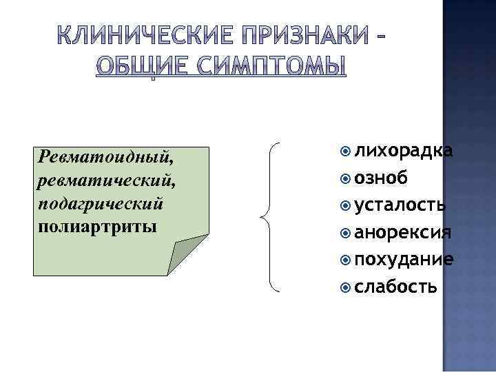 Ревматоидный, ревматический, подагрический полиартриты лихорадка озноб усталость анорексия похудание слабость 