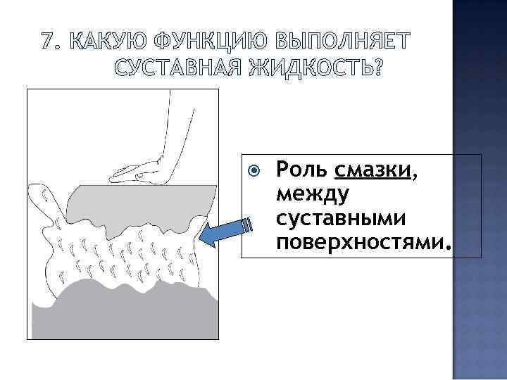7. КАКУЮ ФУНКЦИЮ ВЫПОЛНЯЕТ СУСТАВНАЯ ЖИДКОСТЬ? Роль смазки, между суставными поверхностями. 
