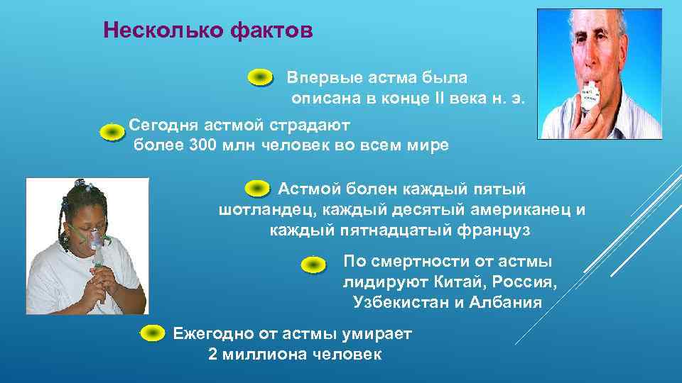 Несколько фактов Впервые астма была описана в конце II века н. э. Сегодня астмой