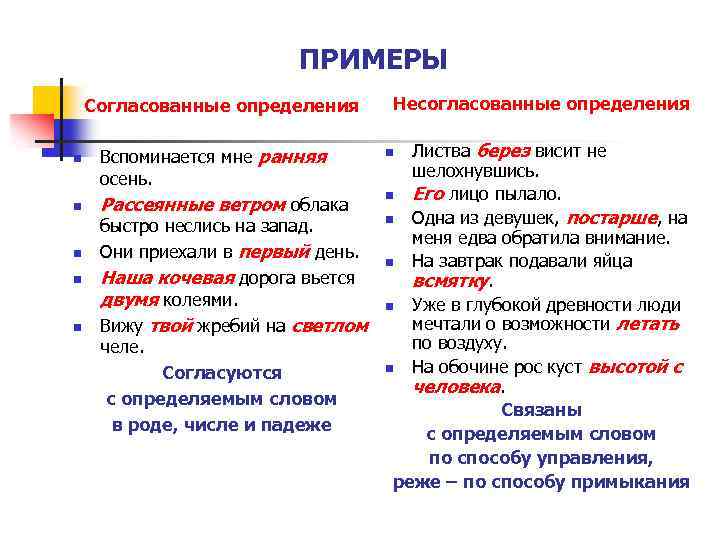 ПРИМЕРЫ Согласованные определения n n n Вспоминается мне ранняя осень. Рассеянные ветром облака быстро