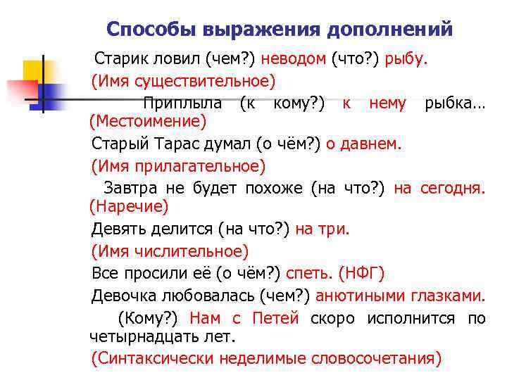 Способы выражения дополнений Старик ловил (чем? ) неводом (что? ) рыбу. (Имя существительное) Приплыла