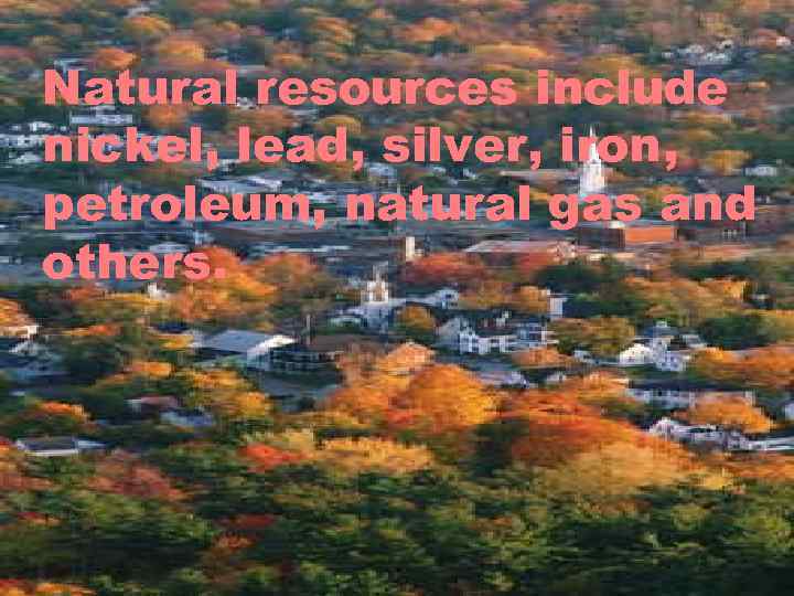 Natural resources include nickel, lead, silver, iron, petroleum, natural gas and others. 