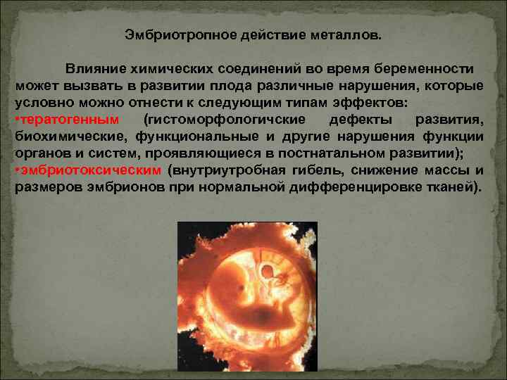 Эмбриотропное действие металлов. Влияние химических соединений во время беременности может вызвать в развитии плода