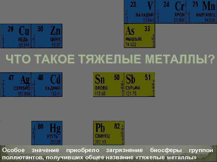 ЧТО ТАКОЕ ТЯЖЕЛЫЕ МЕТАЛЛЫ? Особое значение приобрело загрязнение биосферы группой поллютантов, получивших общее название