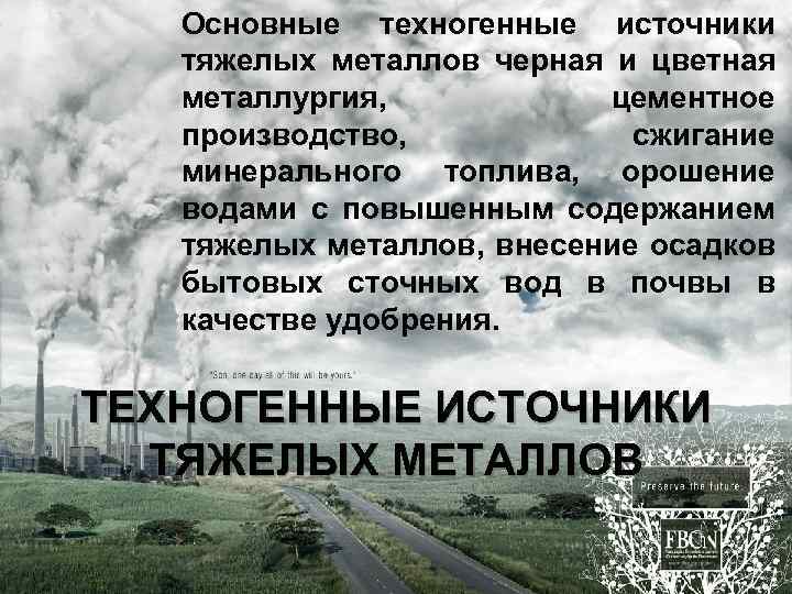 Основные техногенные источники тяжелых металлов черная и цветная металлургия, цементное производство, сжигание минерального топлива,