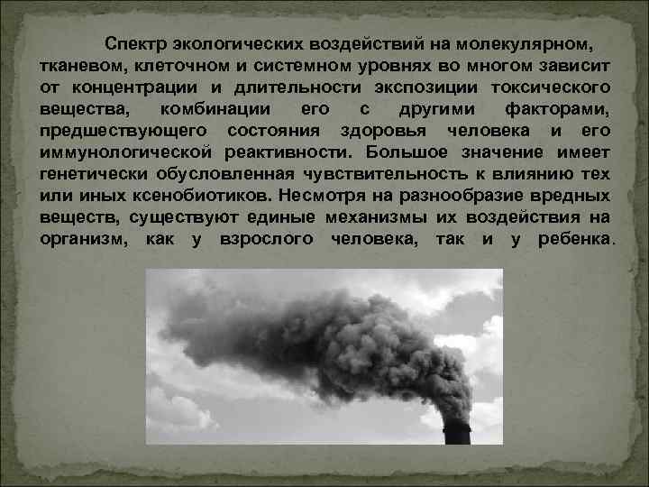 Спектр экологических воздействий на молекулярном, тканевом, клеточном и системном уровнях во многом зависит от