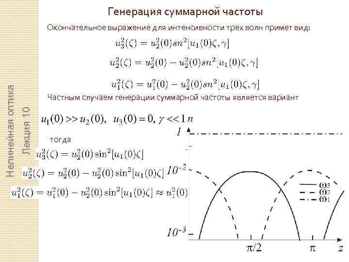 Генерация суммарной частоты Частным случаем генерации суммарной частоты является вариант Лекция 10 Нелинейная оптика
