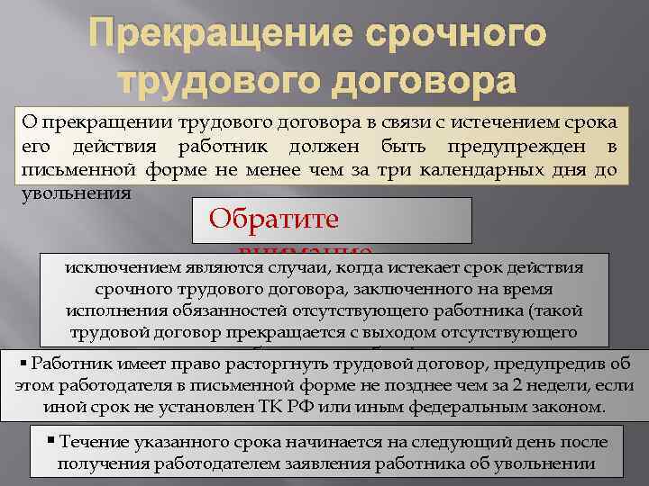 Прекращение срочного трудового договора О прекращении трудового договора в связи с истечением срока его