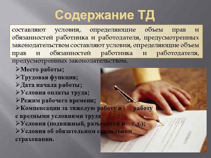 Содержание ТД составляют условия, определяющие объем прав и обязанностей работника и работодателя, предусмотренных законодательством.