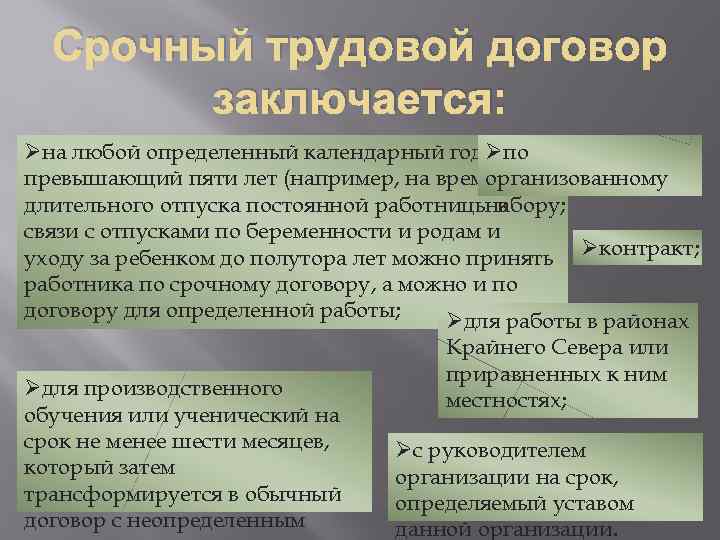 Контракт по родам. Понятие срочного трудового договора. Срочный трудовой договор заключается. Срок срочного трудового договора. Срочный трудовой договор не заключается.