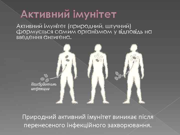 Активний імунітет (природний, штучний) формується самим організмом у відповідь на введення антигена. Природний активний