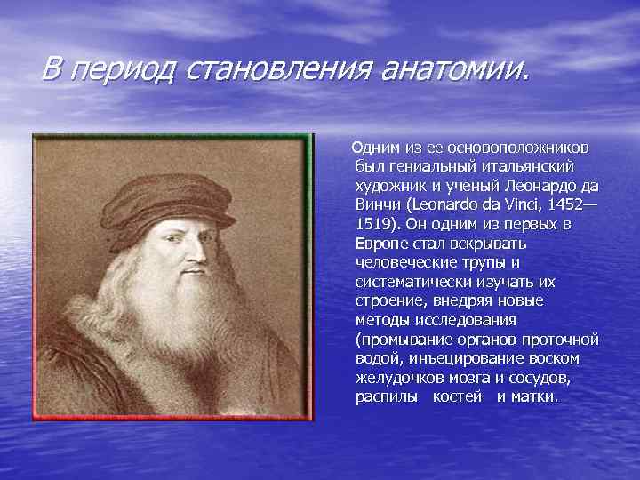 В период становления анатомии. Одним из ее основоположников был гениальный итальянский художник и ученый
