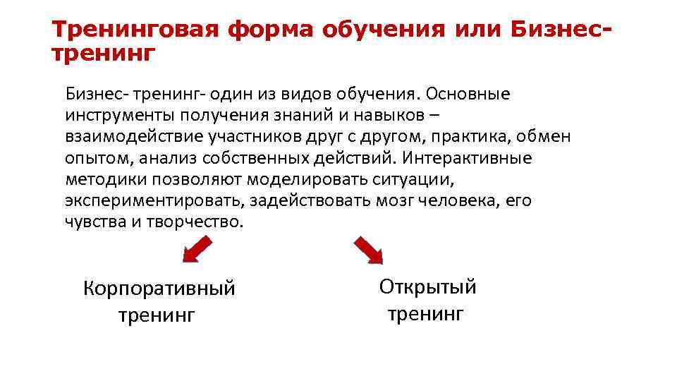 Тренинговая форма обучения или Бизнестренинг Бизнес- тренинг- один из видов обучения. Основные инструменты получения