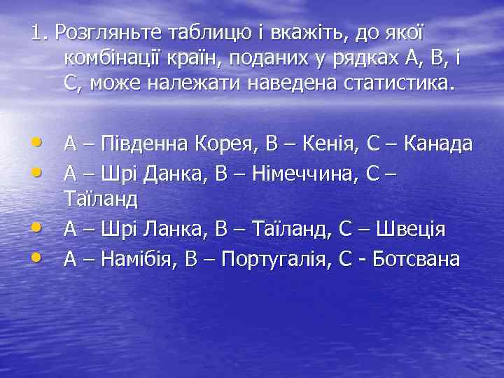 1. Розгляньте таблицю і вкажіть, до якої комбінації країн, поданих у рядках А, В,