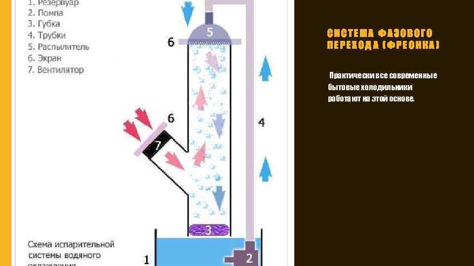 СИСТЕМА ФАЗОВОГО ПЕРЕХОДА (ФРЕОНКА) Практически все современные бытовые холодильники работают на этой основе. 