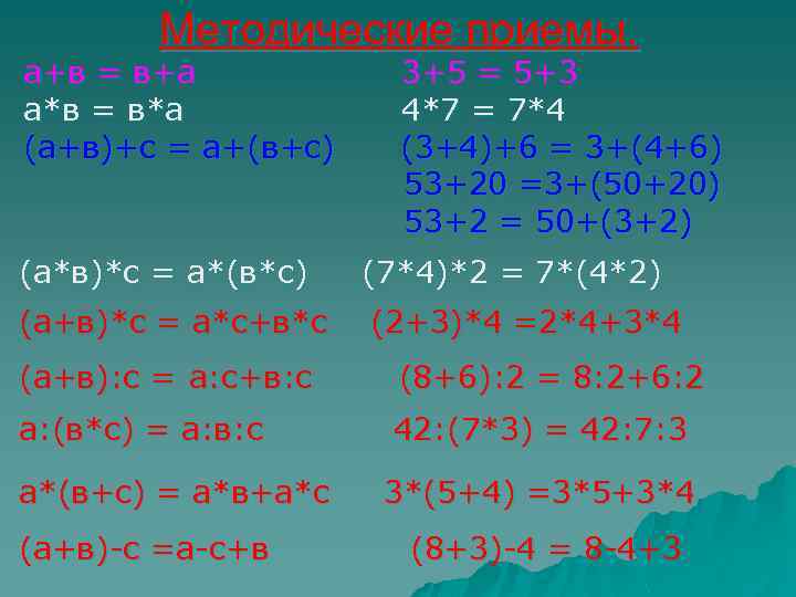Методические приемы. а+в = в+а а*в = в*а (а+в)+с = а+(в+с) 3+5 = 5+3