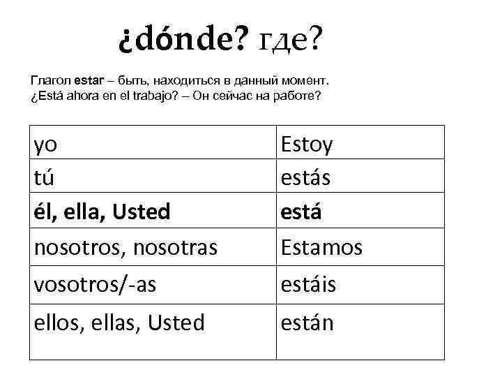 ¿dónde? где? Глагол estar – быть, находиться в данный момент. ¿Está ahora en el