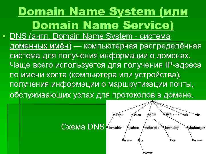 Domain Name System (или Domain Name Service) § DNS (англ. Domain Name System -