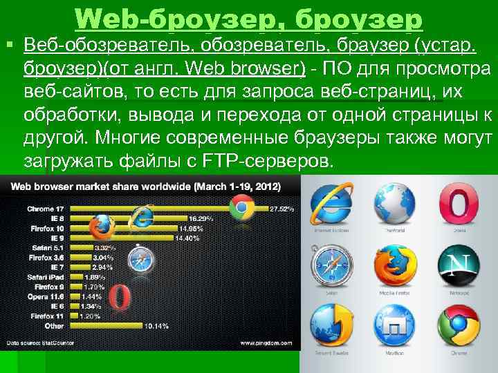 Web-броузер, броузер § Веб-обозреватель, браузер (устар. броузер)(от англ. Web browser) - ПО для просмотра
