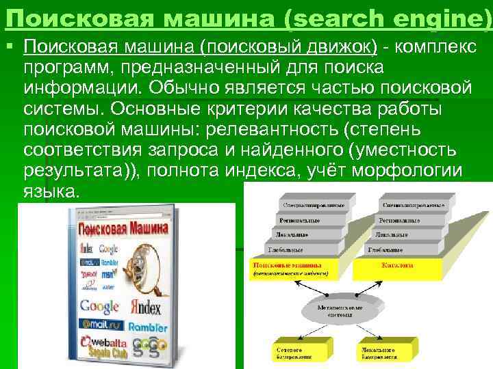 Поисковая машина (search engine) § Поисковая машина (поисковый движок) - комплекс программ, предназначенный для
