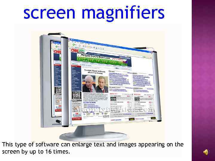 screen magnifiers , This type of software can enlarge text and images appearing on