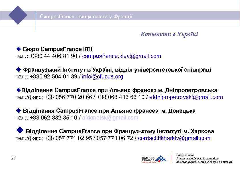Campus. France - вища освіта у Франції Контакти в Україні Бюро Campus. France КПІ