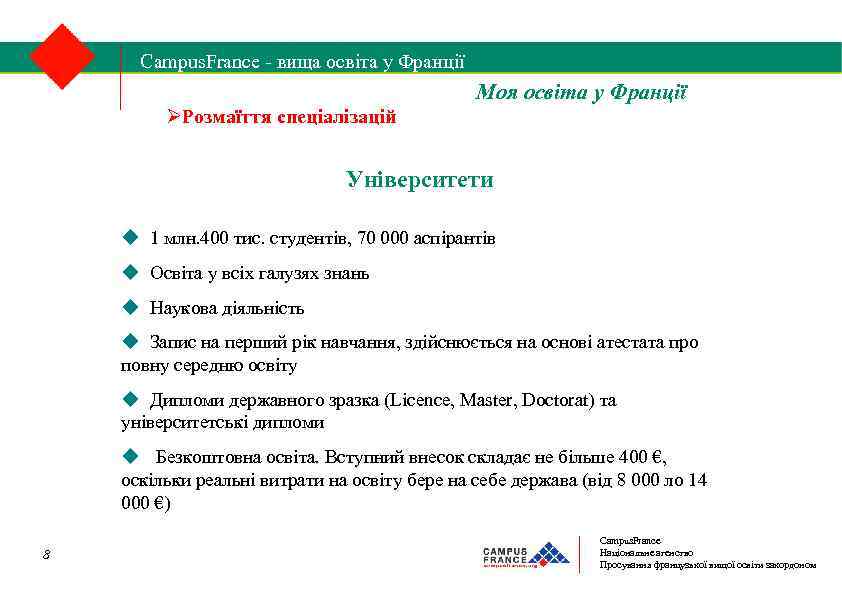 Campus. France - вища освіта у Франції 1/2 Моя освіта у Франції Розмаїття спеціалізацій