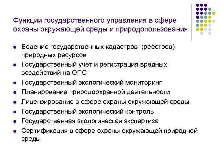 Функции государственного управления в сфере охраны окружающей среды и природопользования l l l l