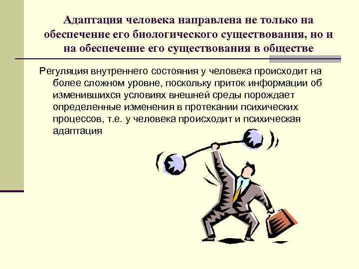 Адаптация человека направлена не только на обеспечение его биологического существования, но и на обеспечение