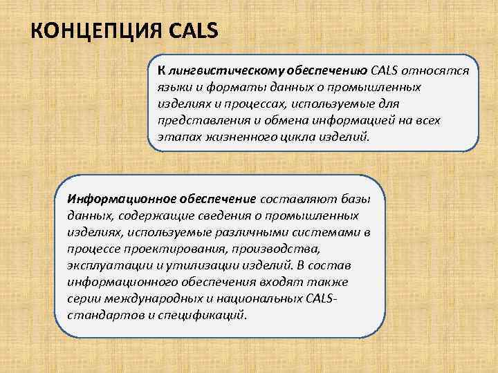КОНЦЕПЦИЯ CALS К лингвистическому обеспечению CALS относятся языки и форматы данных о промышленных изделиях