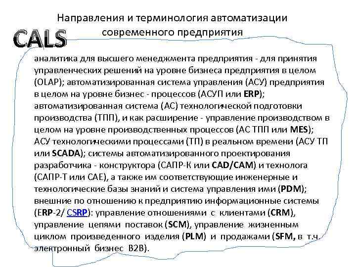 Направления и терминология автоматизации современного предприятия CALS аналитика для высшего менеджмента предприятия - для